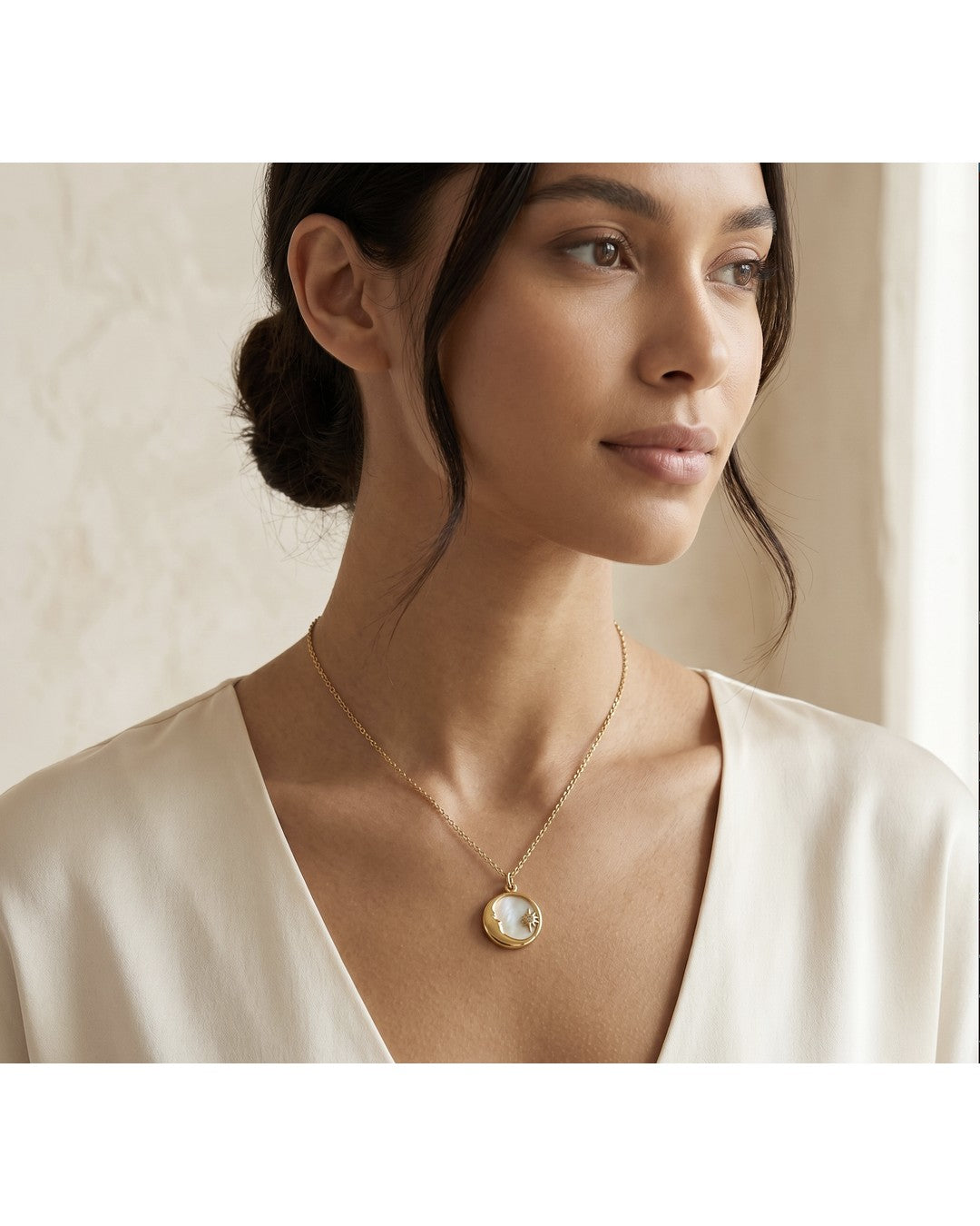 Crescent Moon & Star Shell Pendant Necklace - 18K Gold Plated Stainless Steel