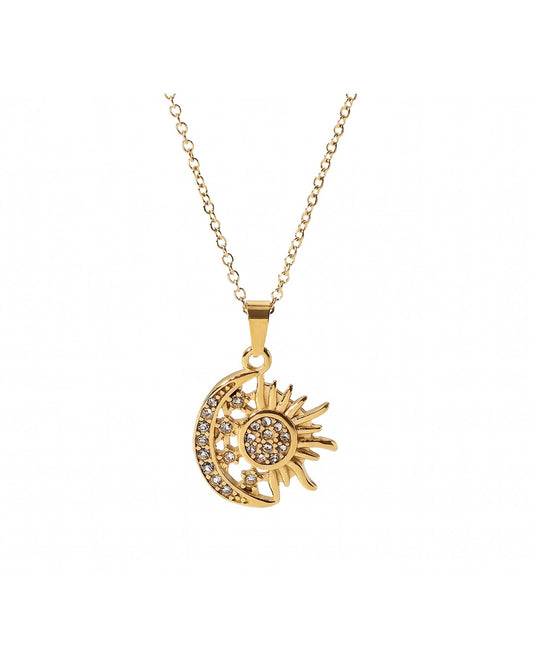 Celestial Sun & Moon Pendant Necklace - 18K Gold Plated Stainless Steel