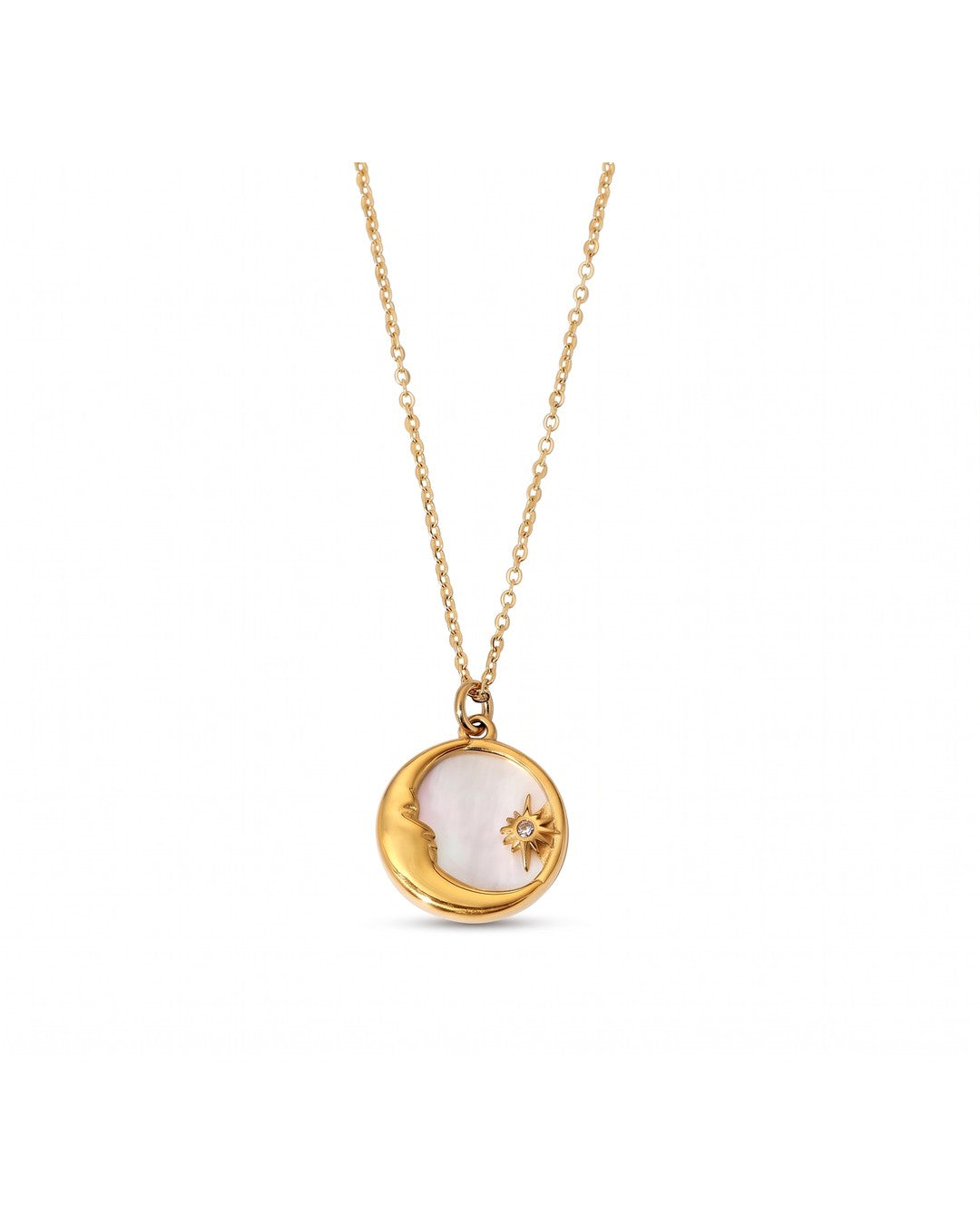 Crescent Moon & Star Shell Pendant Necklace - 18K Gold Plated Stainless Steel