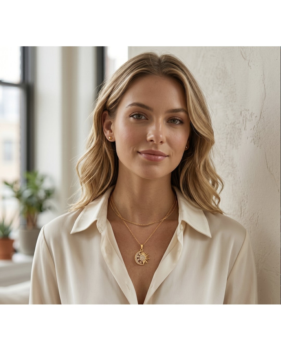 Celestial Sun & Moon Pendant Necklace - 18K Gold Plated Stainless Steel
