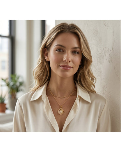Celestial Sun & Moon Pendant Necklace - 18K Gold Plated Stainless Steel