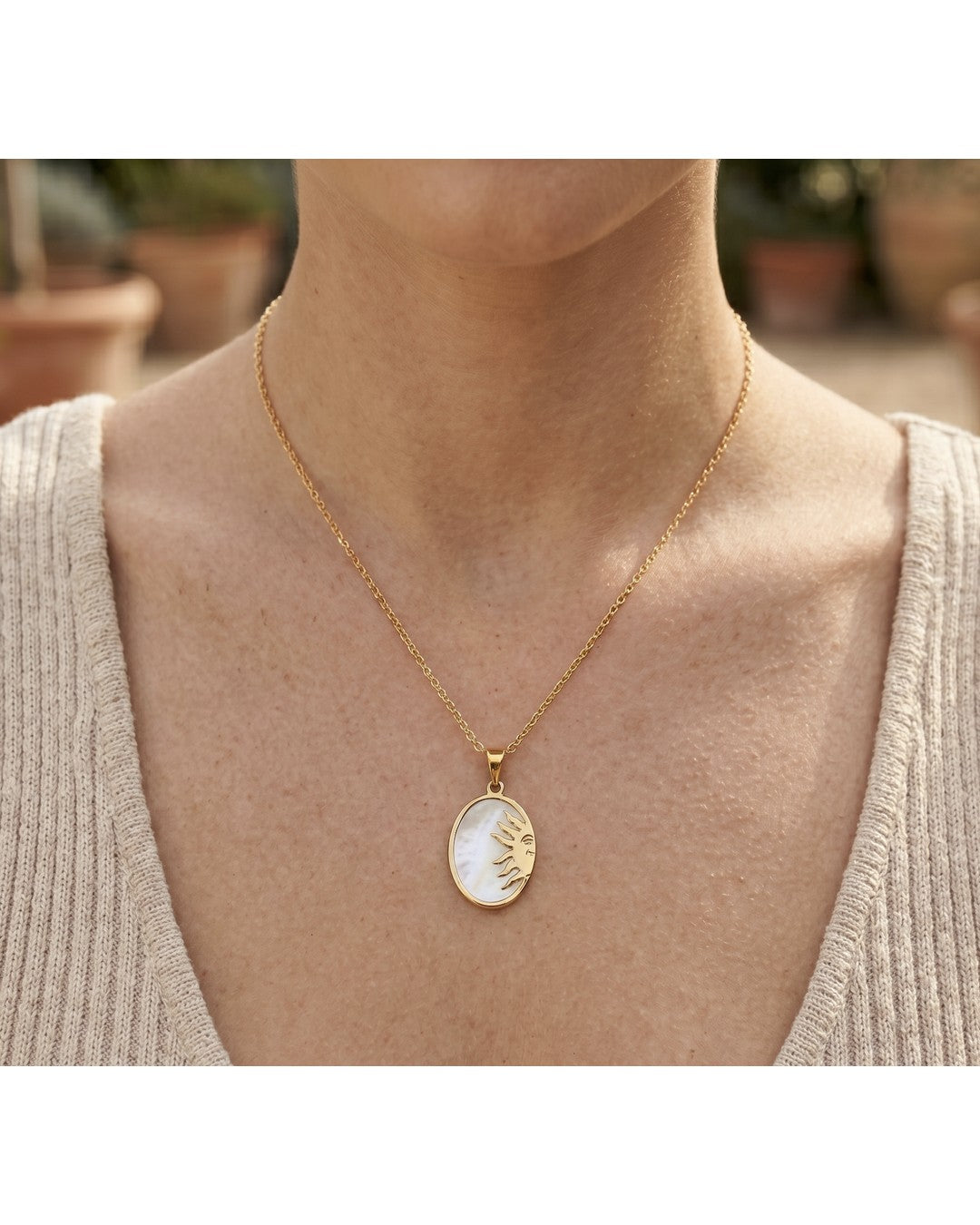 Radiant Sun Mother of Pearl Charm Necklace - 18K Gold Plated Stainless Steel