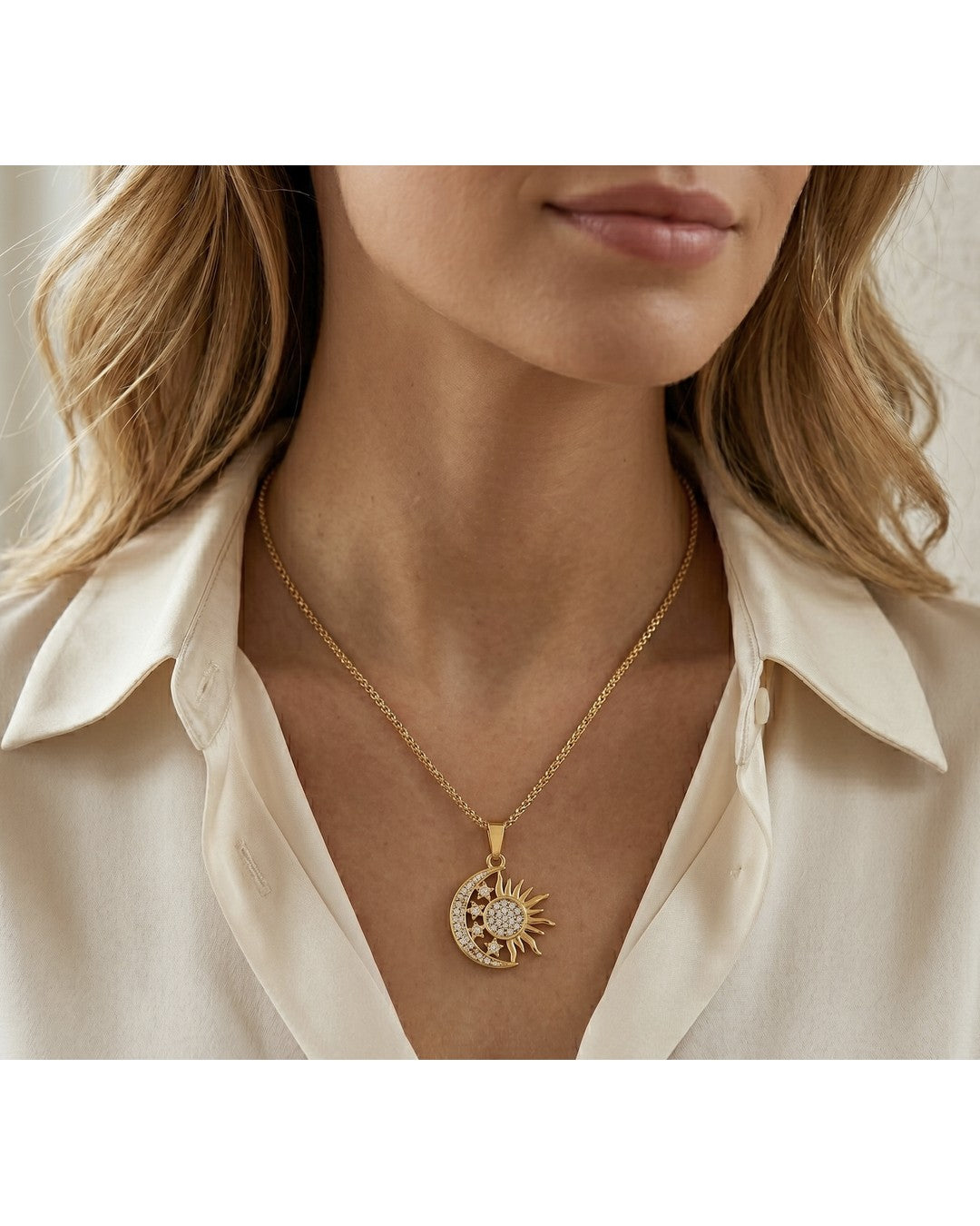 Celestial Sun & Moon Pendant Necklace - 18K Gold Plated Stainless Steel